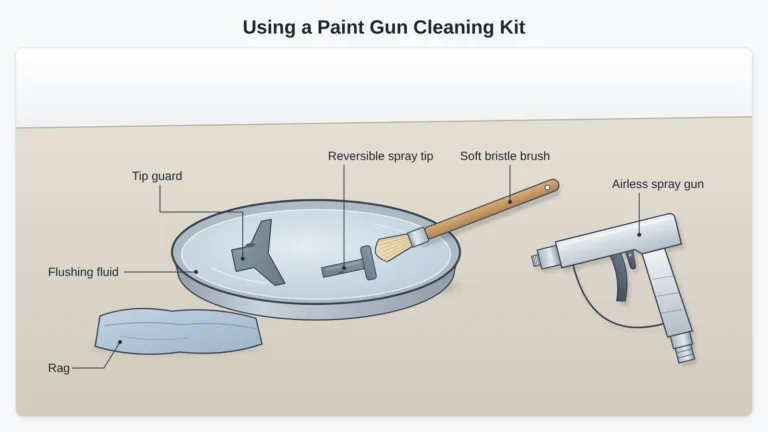 Paint gun cleaning kit in use: the tip guard and reversible spray tip soak in flushing fluid while a soft bristle brush cleans them, with a rag and the dry spray gun beside the tray.
