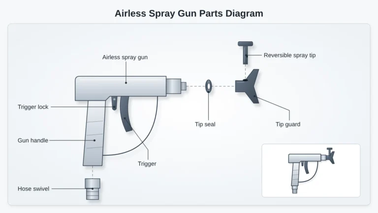 Paint spray gun parts diagram showing an airless spray gun taken apart: tip guard, reversible spray tip, tip seal, trigger, trigger lock, handle and hose swivel.