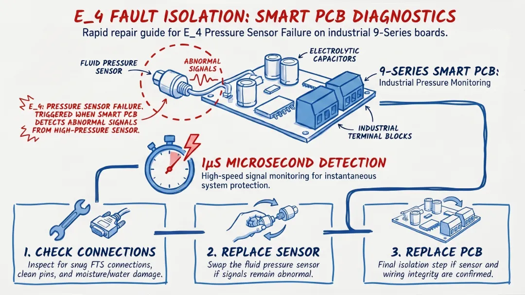 Chief engineer's whiteboard sketch diagnosing the E_4 pressure sensor fault that triggers the paint sprayer light, showing a microsecond sensor connected to a heavy-duty industrial PCB with large electrolytic capacitors.