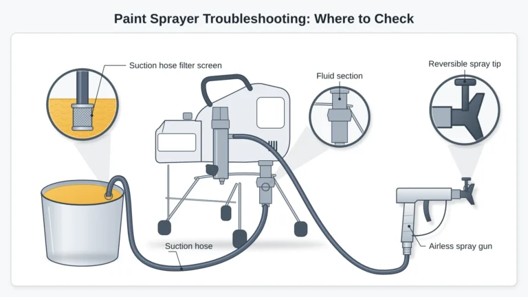 Paint sprayer troubleshooting: where to check on an airless sprayer, from the reversible spray tip on the gun to the fluid section and the suction hose filter screen.