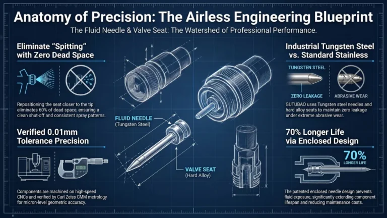 A detailed paint spray gun parts diagram presented as an engineering blueprint, showing internal components like the fluid needle and packings for industrial airless sprayers.