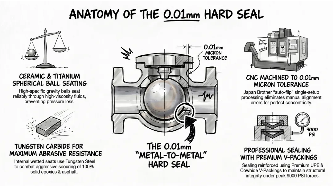 Cross-sectional diagram of a pump sprayer check valve showing Tungsten Carbide and Titanium alloy components.