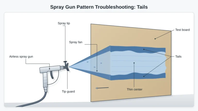 Spray gun pattern troubleshooting diagram: an airless spray gun lays a stripe on a test board with heavy tails along both edges and a thin center.
