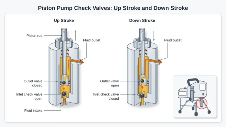 Sprayer control valve basics: cutaway of a piston pump showing the inlet check valve open on the up stroke and the outlet valve open on the down stroke.