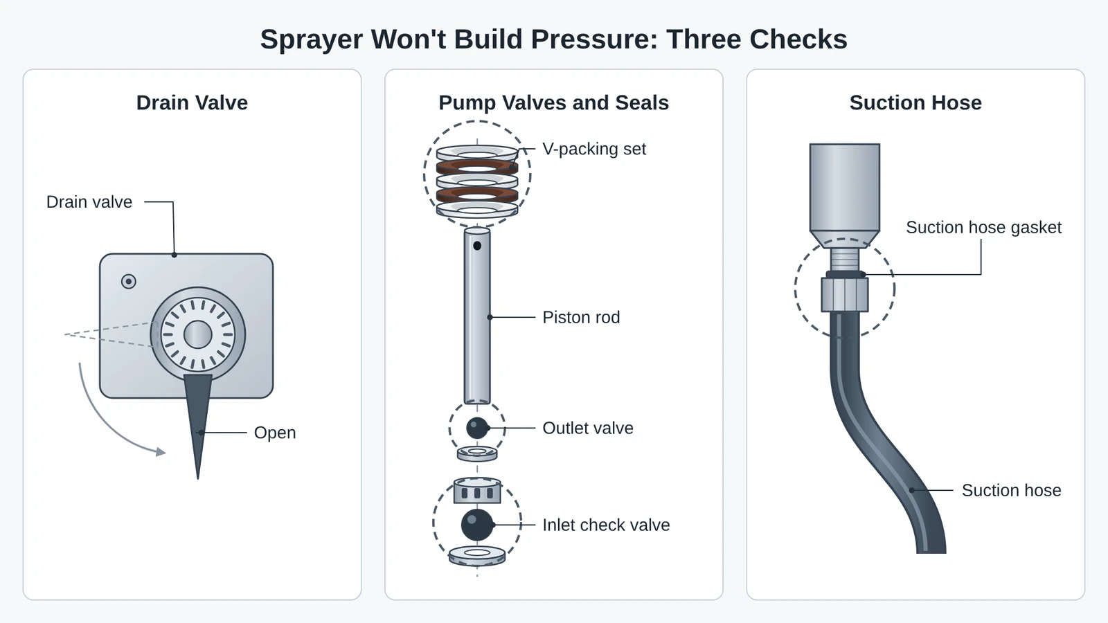 Three checks when an airless sprayer stops with error E_13 and will not build pressure: the drain valve, the pump's inlet and outlet check valves with the V-packing set, and the suction hose and its gasket.