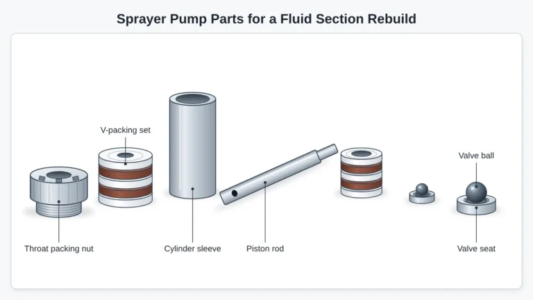 Sprayer pump parts for a fluid section rebuild laid out in assembly order: throat packing nut, V-packing sets, cylinder sleeve, piston rod, and the valve balls with their valve seats.