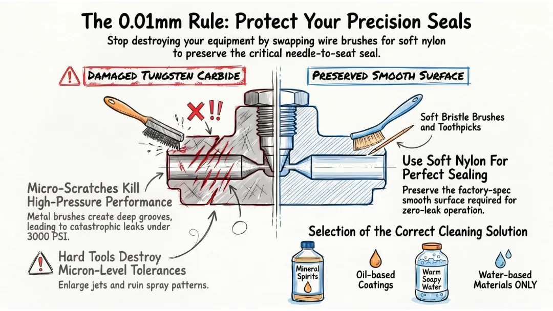 Engineering diagram showing physical damage on tungsten carbide needles caused by wire brushes vs using a proper paint gun cleaning kit.