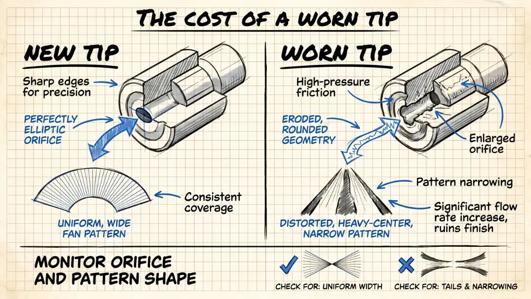 Engineering cross-section diagram comparing a new tungsten carbide orifice to a worn one.