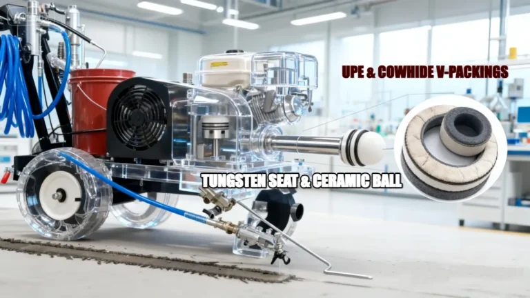 Fluid section anatomy of a heavy-duty athletic field paint sprayer, featuring Tungsten Seat, Ceramic Ball, and UPE Cowhide V-Packings for extreme abrasion resistance.