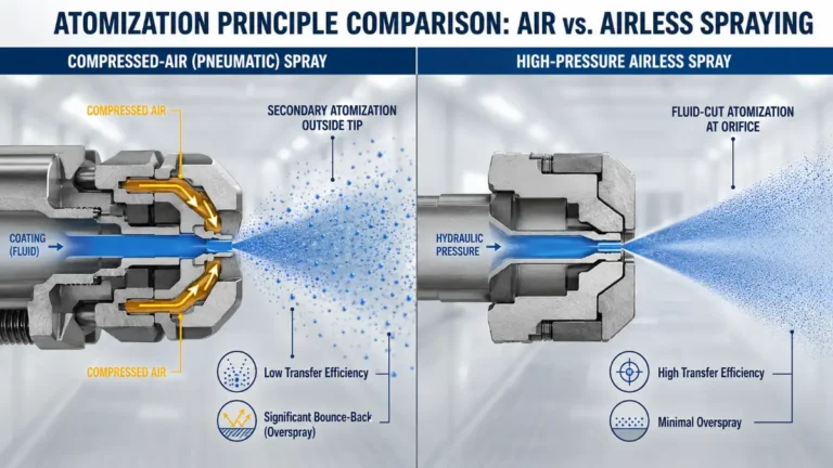 Air vs airless paint sprayer atomization comparison showing compressed-air versus hydraulic fluid-cut spray patterns