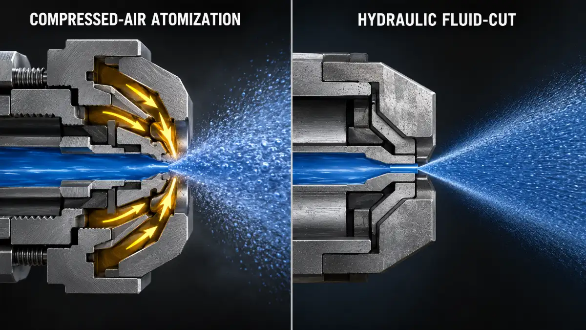 Compressed-air secondary atomization versus hydraulic fluid-cut at the spray tip