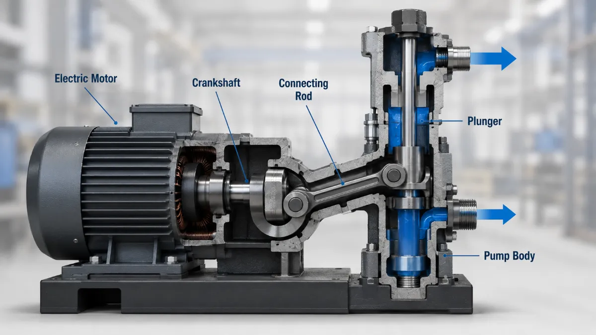 Electric direct-drive piston pump cutaway showing motor, crankshaft and plunger.