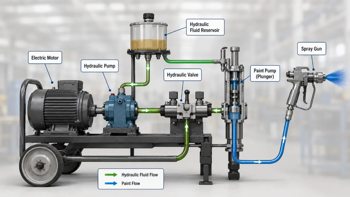Hydraulic drive chain schematic with hydraulic oil driving the spray plunger.