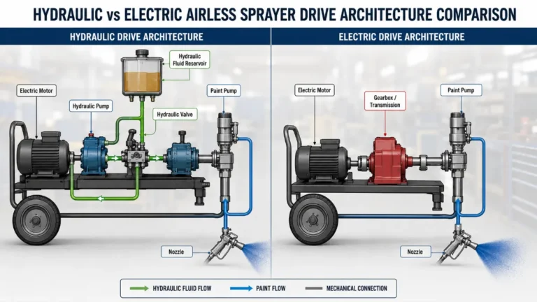 Hydraulic vs electric airless sprayer drive architecture comparison diagram.