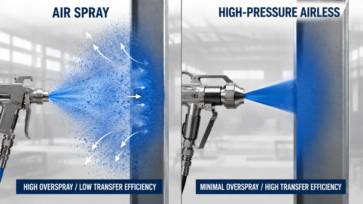 Transfer efficiency and overspray comparison between air spray and airless on large surfaces