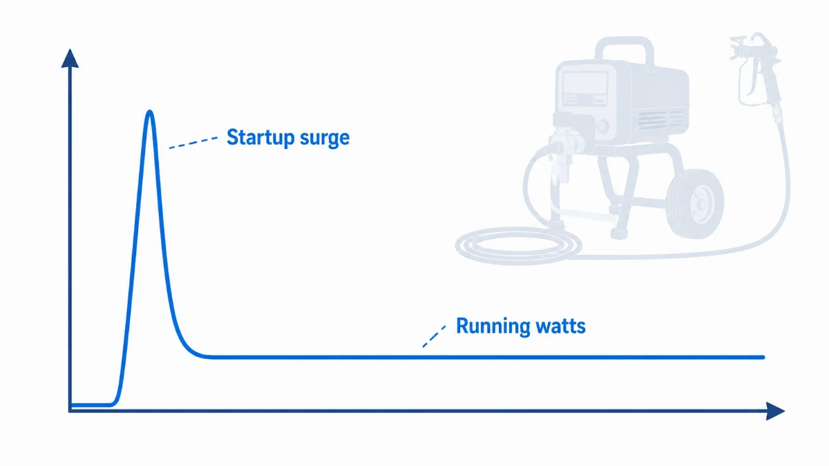 Running watts versus startup surge for an electric airless sprayer motor.