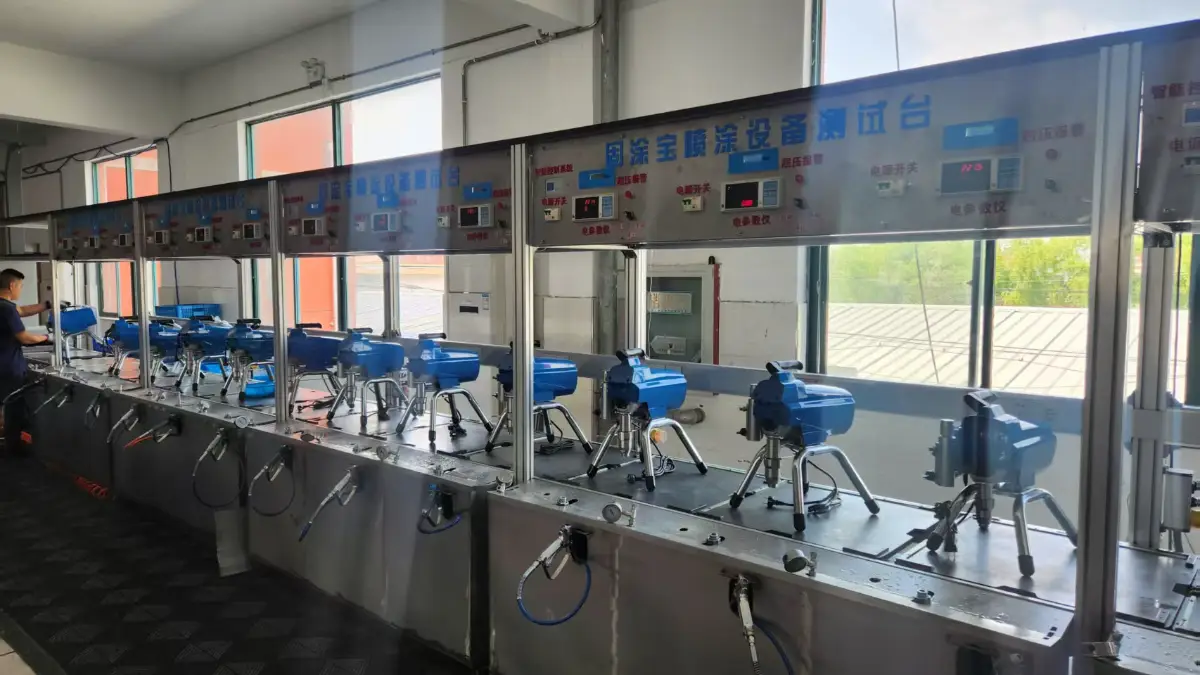 airless sprayer running a 30-minute high-pressure load test on the factory line.