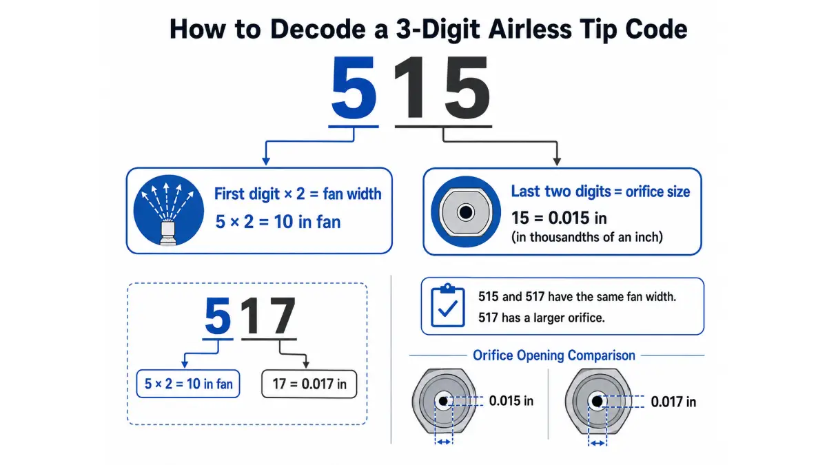 diagram decoding a 3-digit airless tip code into fan width and orifice size.