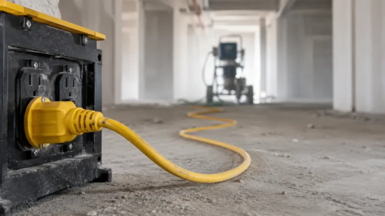Can you use an extension cord with an airless paint sprayer — heavy-duty cord plugged into a jobsite power box, running toward a blurred airless sprayer.
