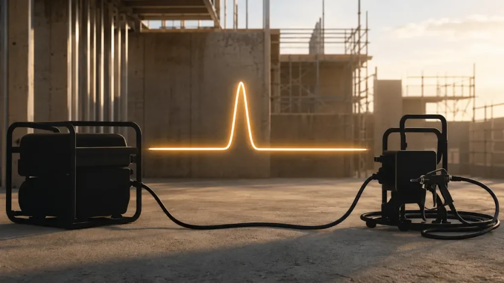 What size generator is needed to run a 3000 PSI electric airless paint sprayer, illustrated with a startup surge waveform.