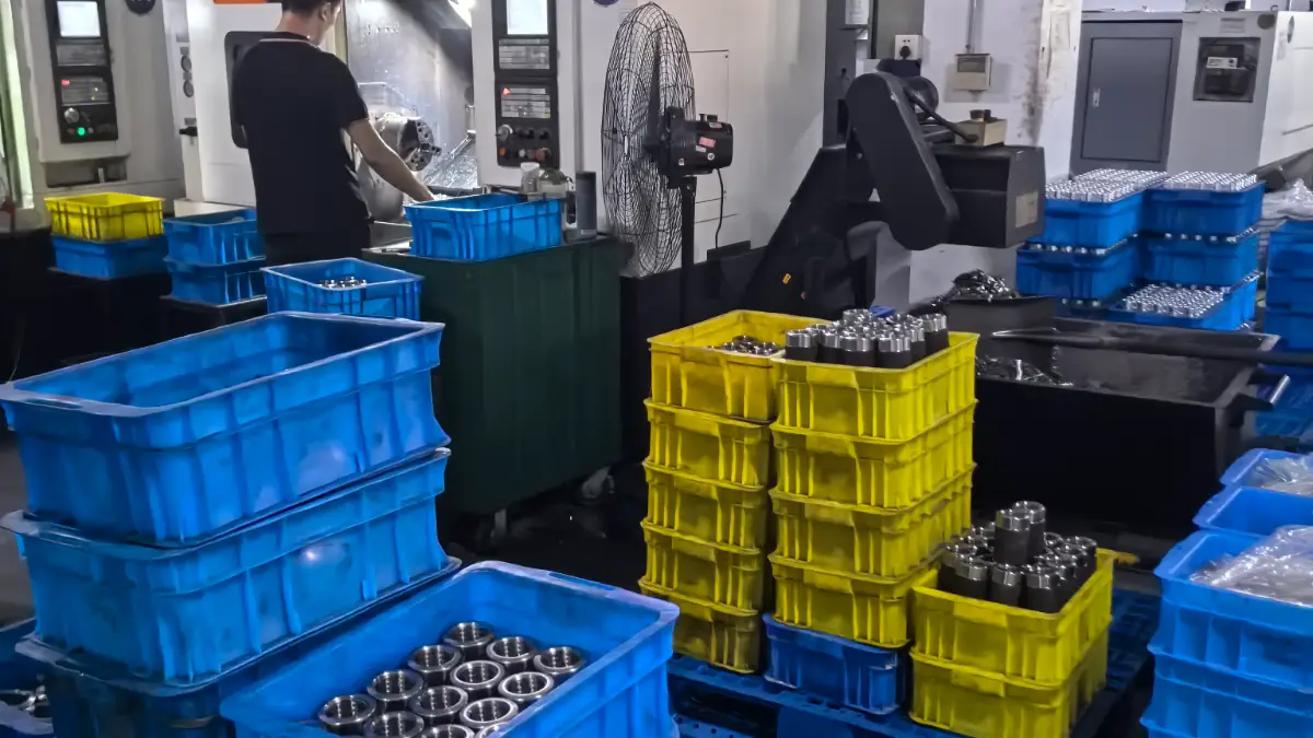 OEM CNC machining line for airless sprayer pump components.